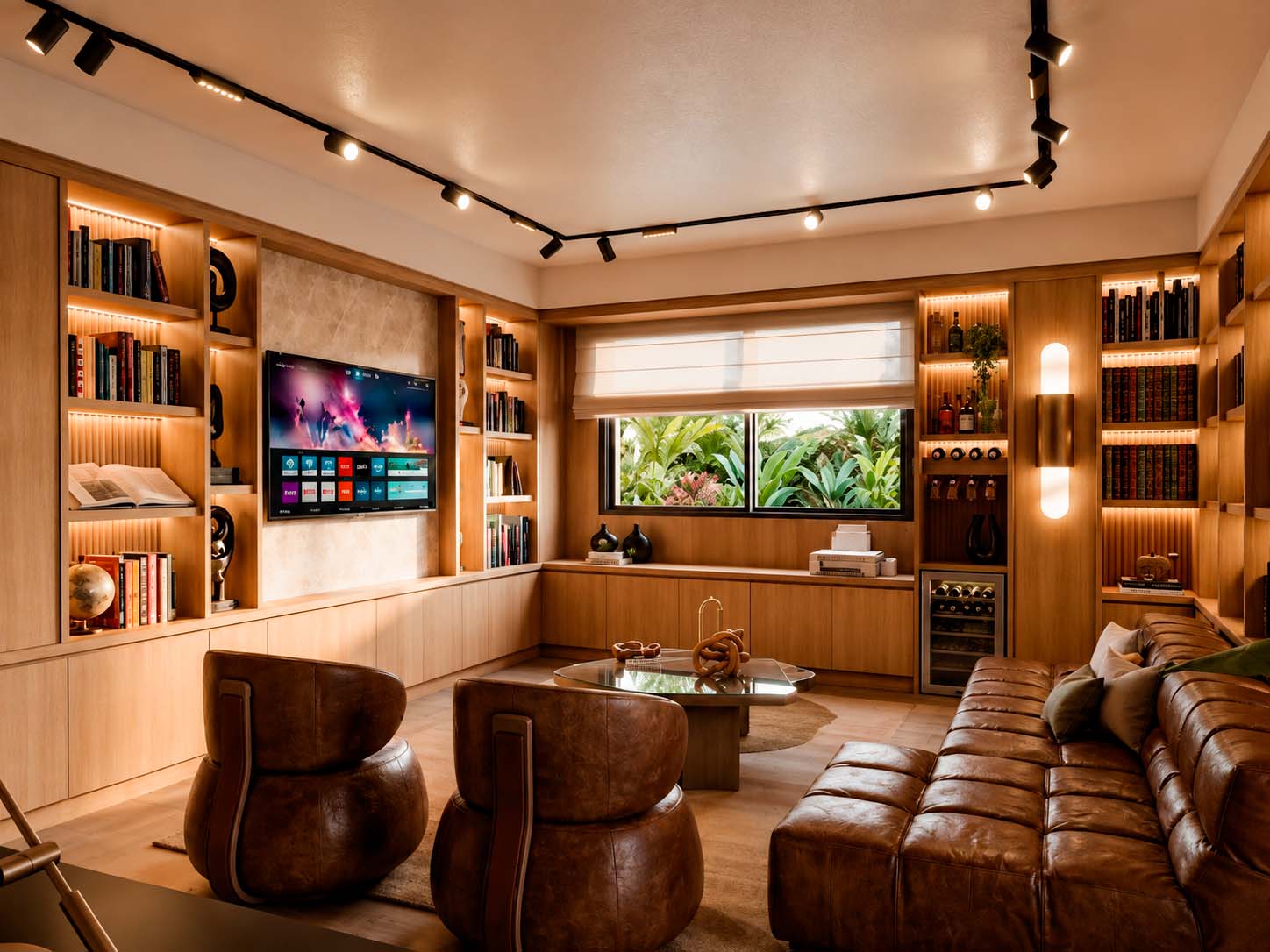 Sala de estar con biblioteca integrada, proyecto TBV4